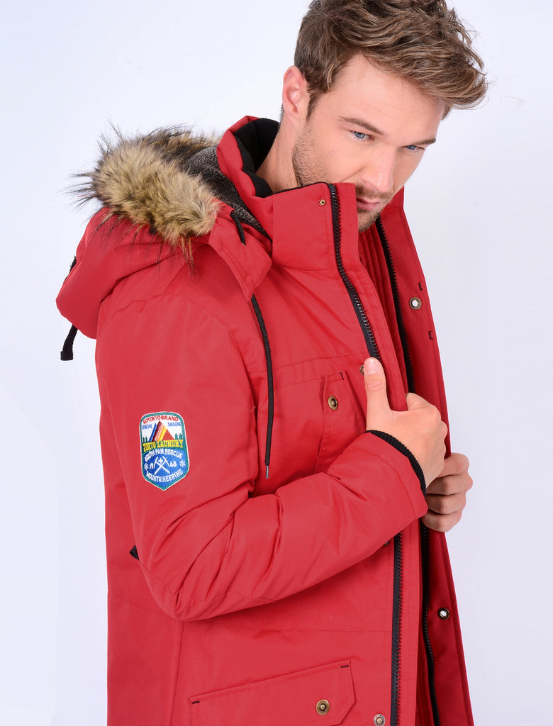 Mens red jacket with fur clearance hood