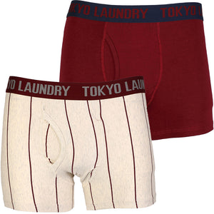 Joshua Striped / Plain Boxer Shorts ( 2 Pack) Oxblood & Lt Grey Marl - Tokyo Laundry