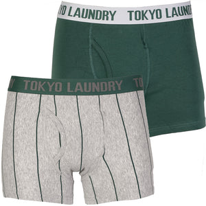 Joshua Striped / Plain Boxer Shorts ( 2 Pack) Mallard Green & Light Grey Marl - Tokyo Laundry