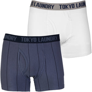 Joshua Striped / Plain Boxer Shorts ( 2 Pack) White & New Navy - Tokyo Laundry