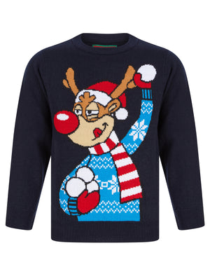 Boy's Reindeer Snow Novelty Christmas Jumper in Ink - Merry Christmas Kids (4-12yrs)