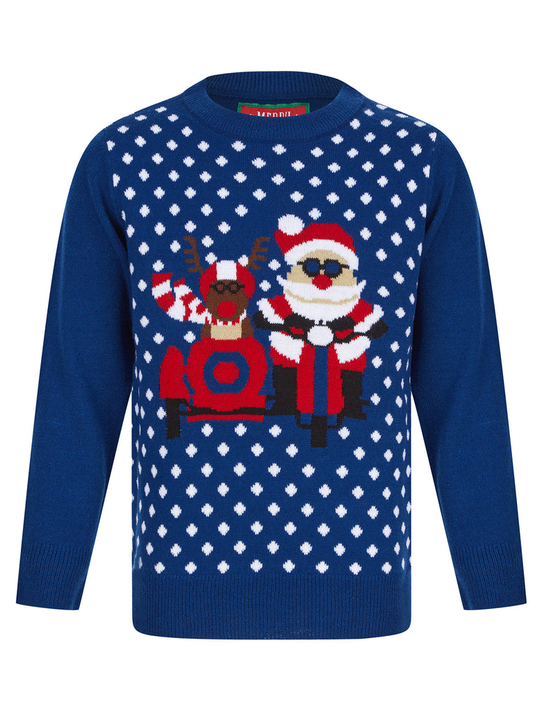 Boy s Sidecar Polka Dot Novelty Christmas Jumper in Sapphire Blue Me Tokyo Laundry