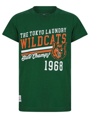 Boys Wildcats 68 2 Motif Cotton T-Shirt in Dark Green - Tokyo Laundry Kids