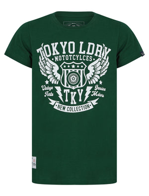 Boys Ldry Cycles Motif Cotton T-Shirt in Dark Green - Tokyo Laundry Kids