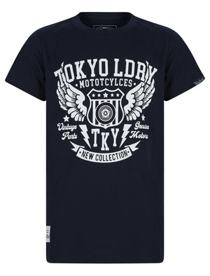 Boys Ldry Cycles Motif Cotton T-Shirt in Sky Captain Navy - Tokyo Laundry Kids