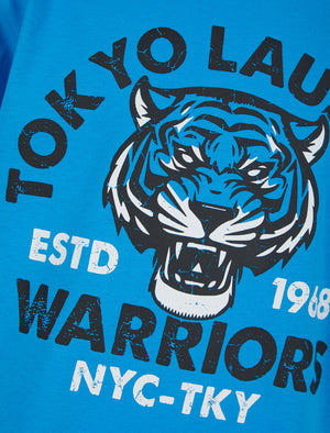 Boys Tiger Warriors Motif Cotton T-Shirt in Blithe Blue - Tokyo Laundry Kids