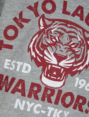 Boys Tiger Warriors Motif Cotton T-Shirt in Mid Grey Marl - Tokyo Laundry Kids