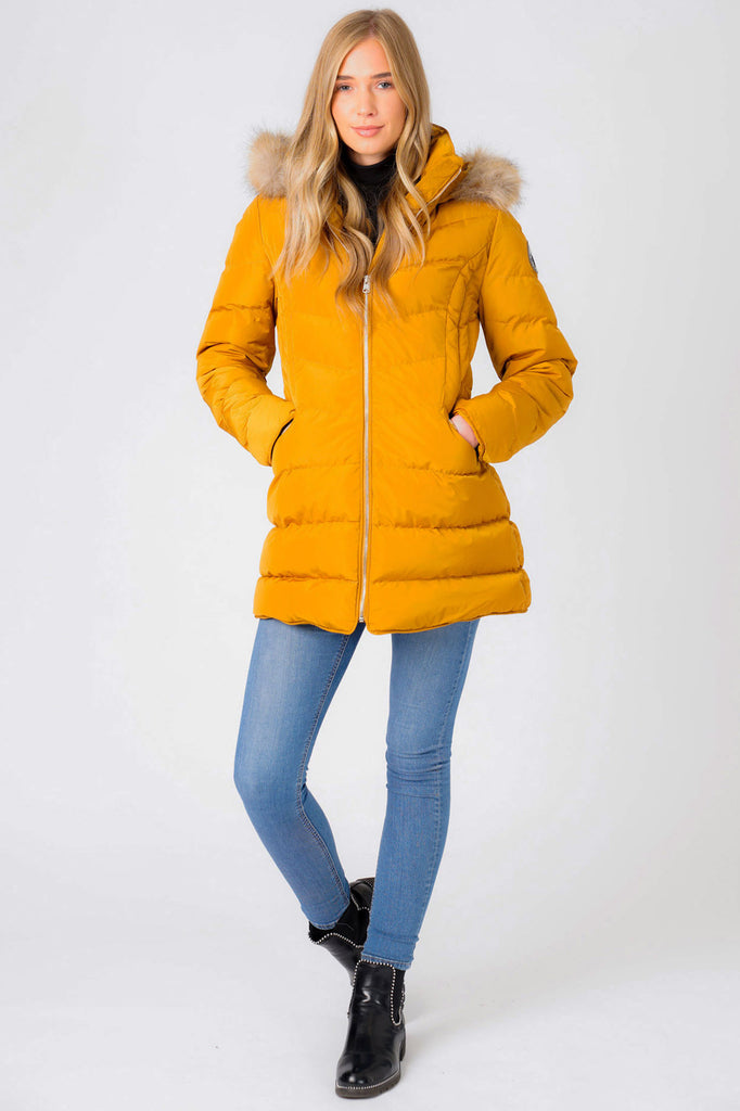 Jaboris Fur Funnel Neck Longline Quilted Puffer Coat in Mustard