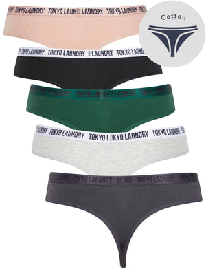 Bella (5 Pack) Cotton Assorted Thongs in Nine Iron / Light Grey Marl / Dark Green / Jet Black / Misty Rose - Tokyo Laundry