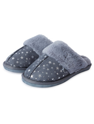 Gravity Foil Star Print Faux Suede Mule Slippers with Faux Fur Lining & Trim in Grey - Tokyo Laundry