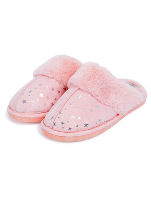 Gravity Foil Star Print Faux Suede Mule Slippers with Faux Fur Lining & Trim in Light Pink - Tokyo Laundry