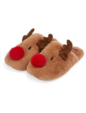 Women's Rudy Red Nose 3D Rudolph Reindeer Faux-Fur Christmas Mule Slippers in Light Brown - Merry Christmas