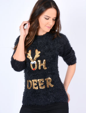 Oh Deer Sequin Novelty Christmas Jumper In Black - Merry Christmas