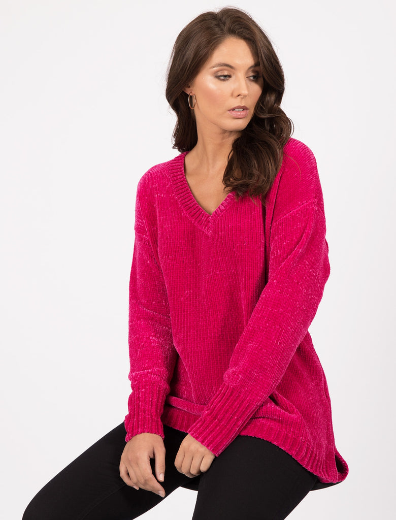 Aria V Neck Chenille Knitted Jumper in Bright Pink - Tokyo