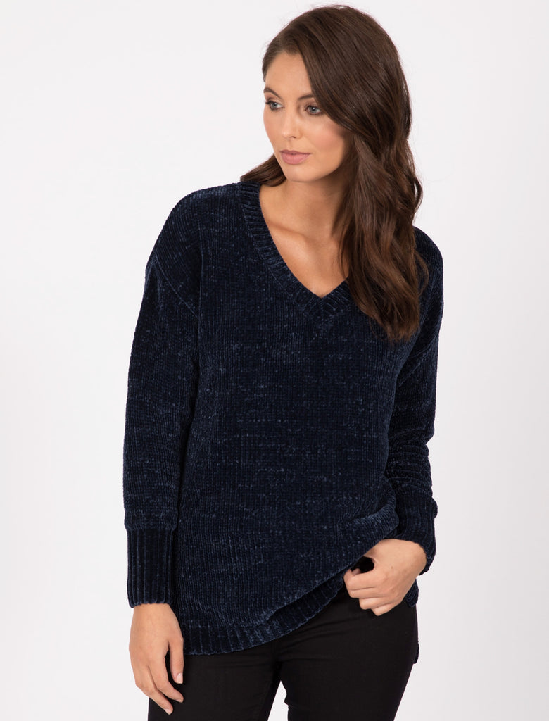 Aria V Neck Chenille Knitted Jumper in Navy Tokyo Laundry