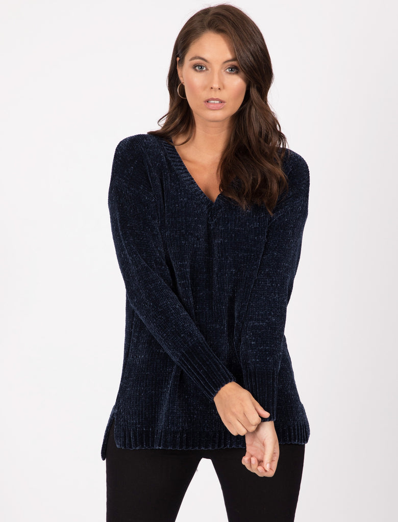 Aria V Neck Chenille Knitted Jumper in Navy Tokyo Laundry