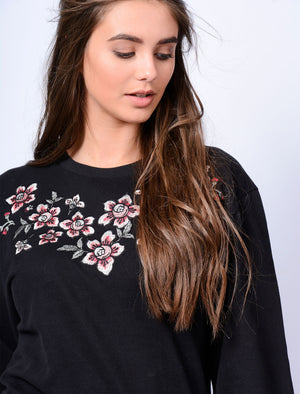 Blossom Floral Embroidered Sweatshirt in Jet Black - Amara Reya