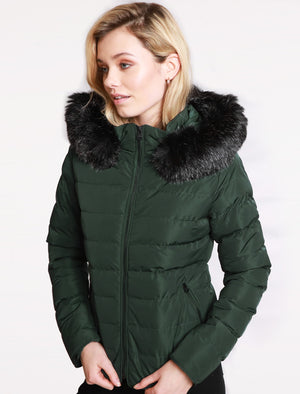 Pepper Quilted Hooded Jacket With Detachable Fur Trim In Dark Green - Tokyo Laundry