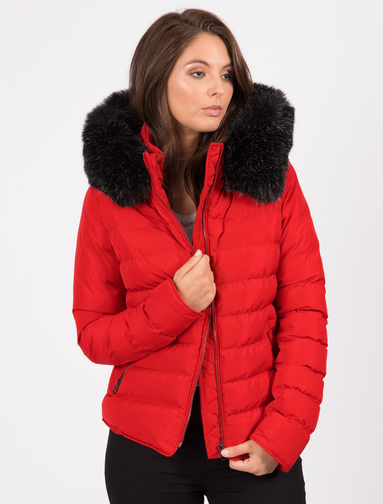 Pepper Quilted Hooded Jacket With Detachable Fur Trim In Crimson