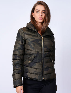 Ewok Funnel Neck Quilted Camo Jacket in Khaki Camo - Tokyo Laundry