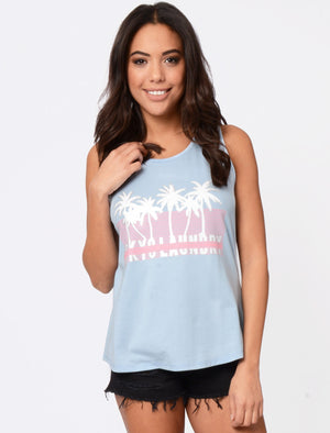 Chelle Palm Tree Motif Vest Top In Chambray Blue - Tokyo Laundry