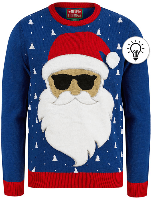 Men's Bearded Santa Motif LED Light Up Novelty Christmas Jumper in Sapphire - Merry Christmas