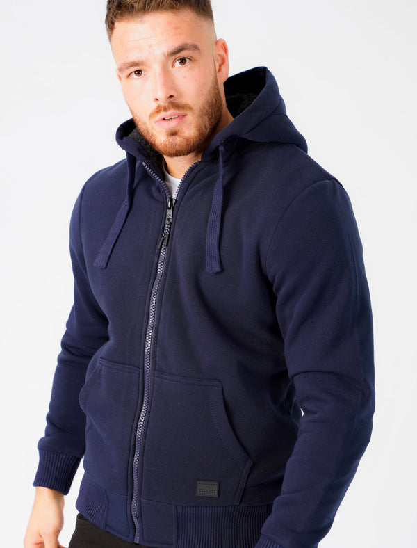 Omega Zip Through Hoodie With Borg Lining In Midnight Blue - Dissident