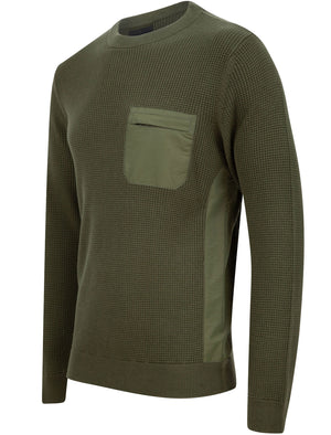 Alpher Textured Cotton Knit Jumper with Fabric Chest Pocket In Khaki - Dissident
