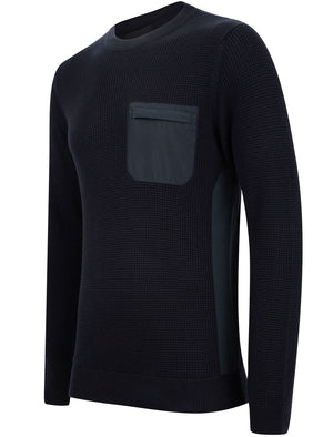 Alpher Textured Cotton Knit Jumper with Fabric Chest Pocket In Navy - Dissident