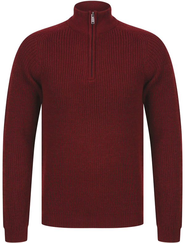 Asteroid Half Zip Funnel Neck Wool Blend Knitted Jumper in Oxblood - Dissident