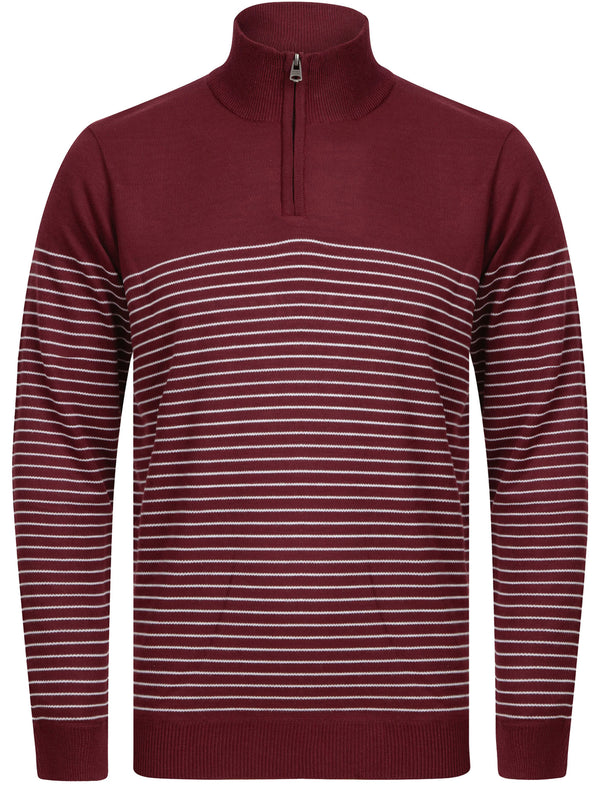 Humphrey Striped Half Zip Neck Knit Jumper in Wine - Kensington Eastside