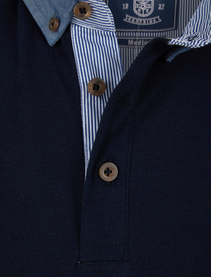 Passmore Cotton Pique Polo Shirt with Chambray Collar in Sky Captain Navy - Kensington Eastside