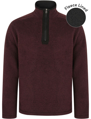 Micro Soft Jacquard Fleece Lined Bonded Pullover with Half Zip In Oxblood / Black - Kensington Eastside