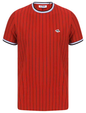 Montague Pinstripe Cotton Jersey T-Shirt with Ribbed Tipping in Scarlet Sage - Le Shark
