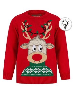 Boy's Cheeky Rudolph LED Light Up Novelty Christmas Jumper in Tokyo Red - Merry Christmas Kids (4-12yrs)