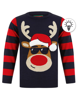 Boy's Hip Rudolph LED Light Up Novelty Christmas Jumper in Ink - Merry Christmas Kids (4-12yrs)