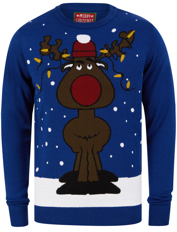 Men's Jumbled Rudolph Motif Novelty Christmas Jumper in Sapphire - Merry Christmas