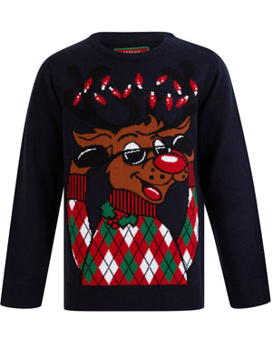 Boy's Argyile Holly Novelty Christmas Jumper in Ink - Merry Christmas Kids (4-12yrs)