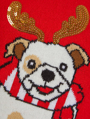 Girls Reindeer Dog Novelty Christmas Jumper in Tokyo Red - Merry Christmas Kids (4-12yrs)
