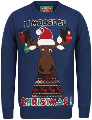 Moose Be Christmas Motif LED Light Up Novelty Christmas Jumper in Sapphire Blue - Merry Christmas