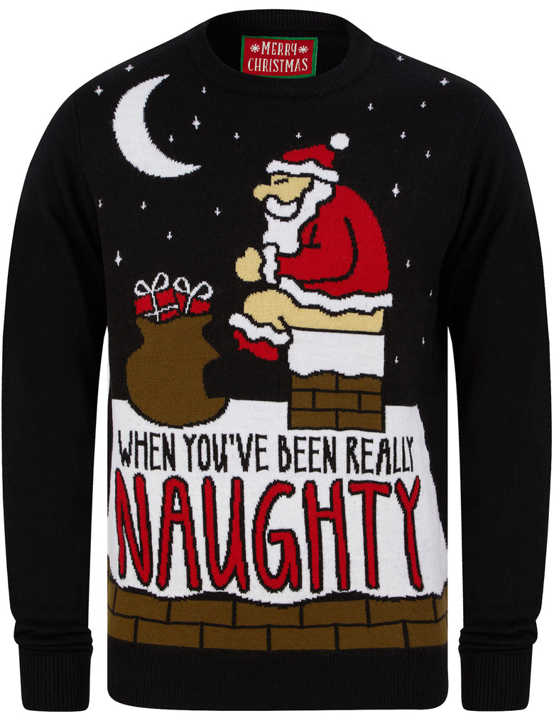 Men s Really Naughty 2 Santa Chimney Motif Novelty Christmas Jumper in Tokyo Laundry