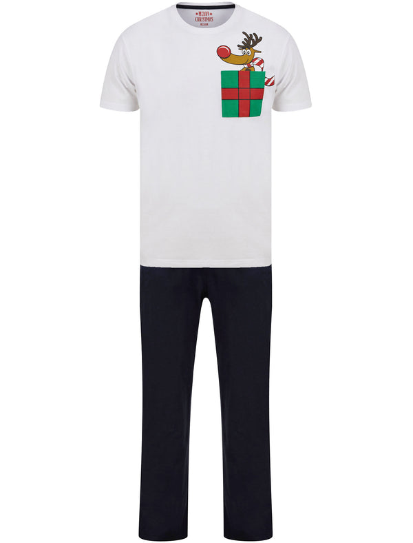 Men's Rudolph Pocket 2pc Lounge Pyjama Set in White / Navy - Merry Christmas