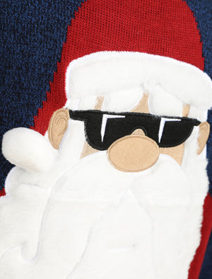 Santa Sunglasses Novelty Christmas Jumper With Faux Fur Applique in Navy - Merry Christmas