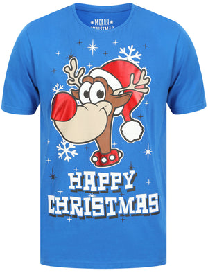 Shiny Rudolph Motif Novelty Cotton Christmas T-Shirt in Jet Blue - Merry Christmas