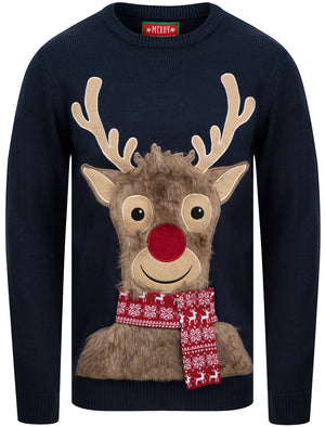 Sleepy Reindeer Novelty Christmas Jumper With Faux Fur Applique In Eclipse Blue - Merry Christmas
