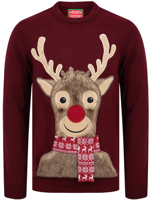 Sleepy Reindeer Novelty Christmas Jumper With Faux Fur Applique In Oxblood - Merry Christmas