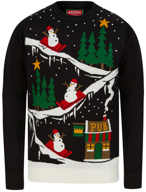 Men's To The Pub 2 Snowman Slide Motif Novelty Christmas Jumper in Black - Merry Christmas