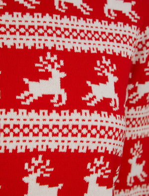 Women’s Leaping Reindeers Wallpaper Print Novelty Christmas Jumper in High Risk Red - Merry Christmas