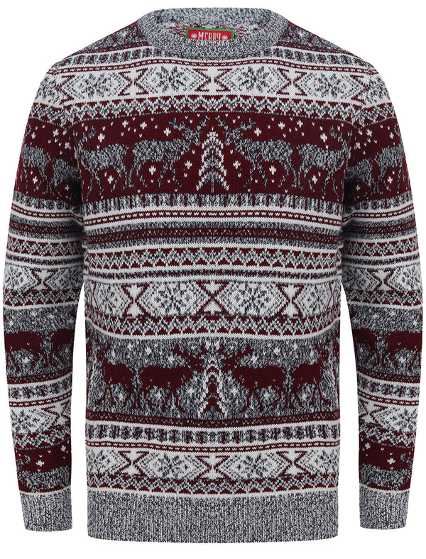 Reynisfjall Jacquard Nordic Fairisle Christmas Jumper in Oxblood - Merry Christmas