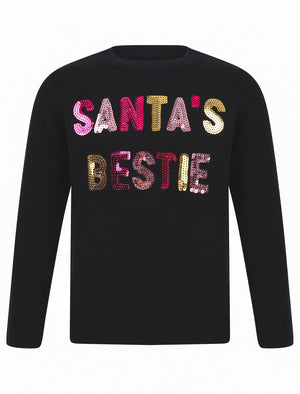 Girls Xmas Santa’s Bestie Novelty Christmas Jumper in Black Onyx - Merry Christmas Kids (4-12yrs)
